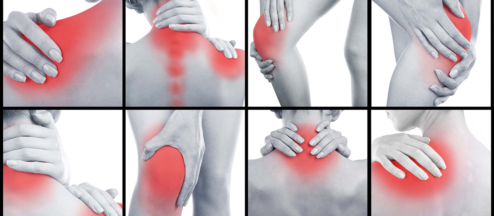 Collage representing woman having pain at several part of body